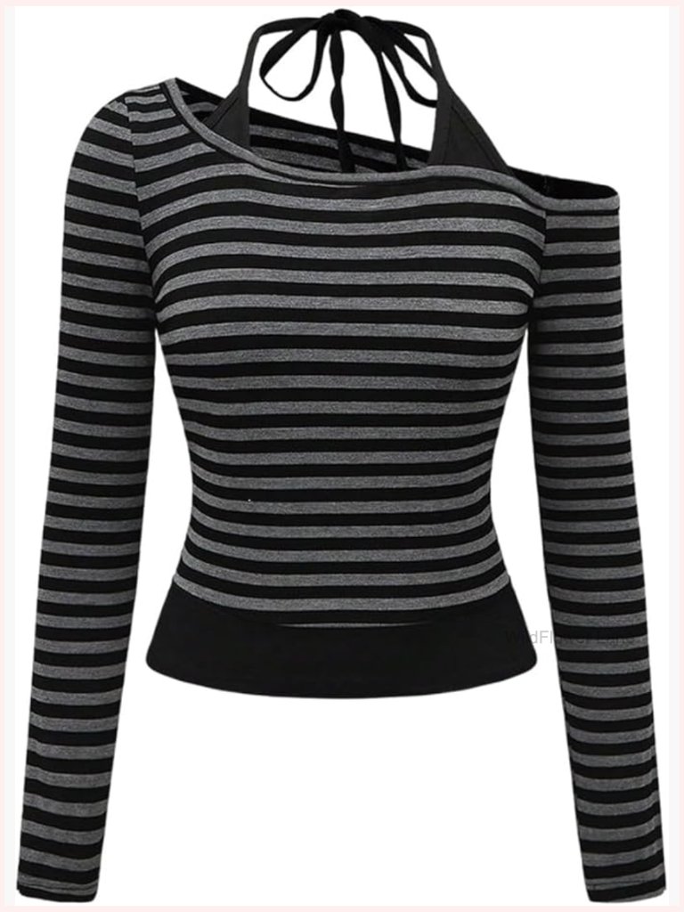 Off Shoulder Striped Long Sleeve Crop Halter Top